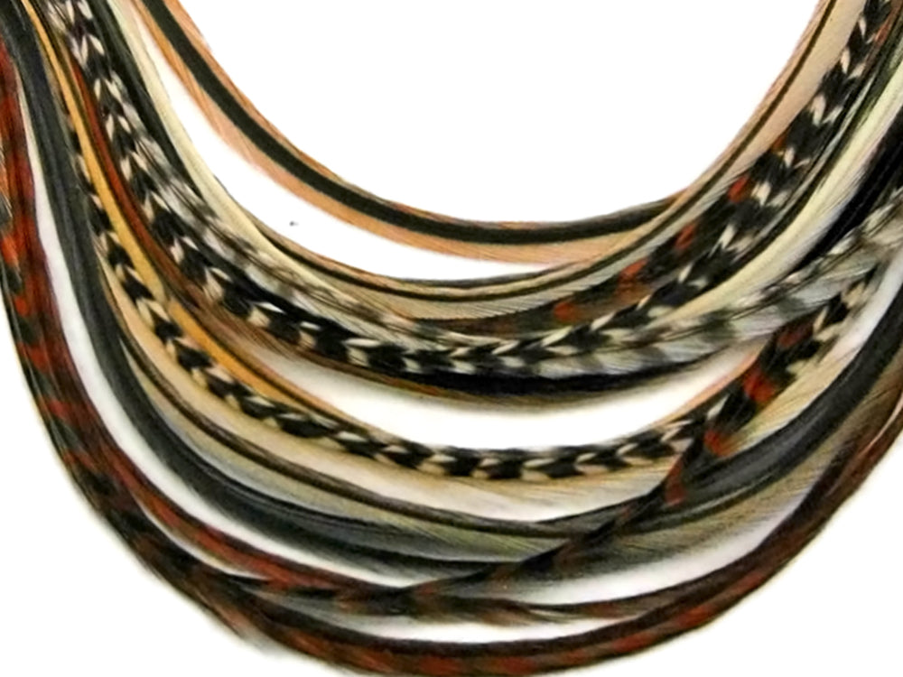 12 Strands - Sandy Mix Thin Long Grizzly Whiting Farm Rooster Salon Hair Extension Feathers