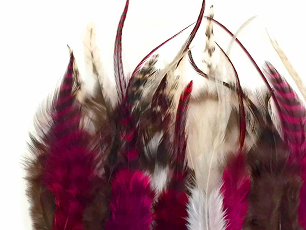 2 Dozen - Short Claret Mix Grizzly Rooster Hair Extension Feathers