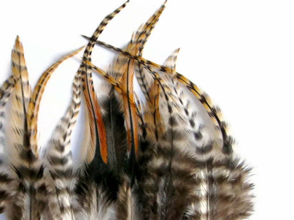 1 Dozen - Short Cree Grizzly Whiting Farm Rooster Saddle Hair Extension Feathers