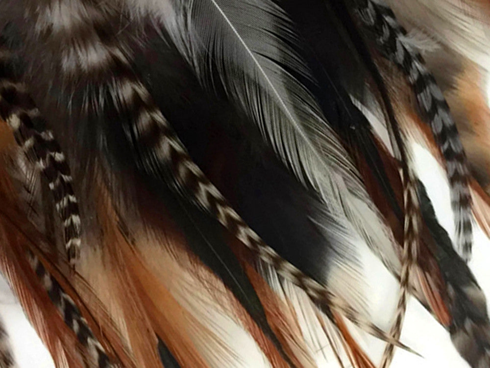 1 Dozen - Short Natural Grizzly Mix Whiting Farm Rooster Saddle Hair Extension Feathers 