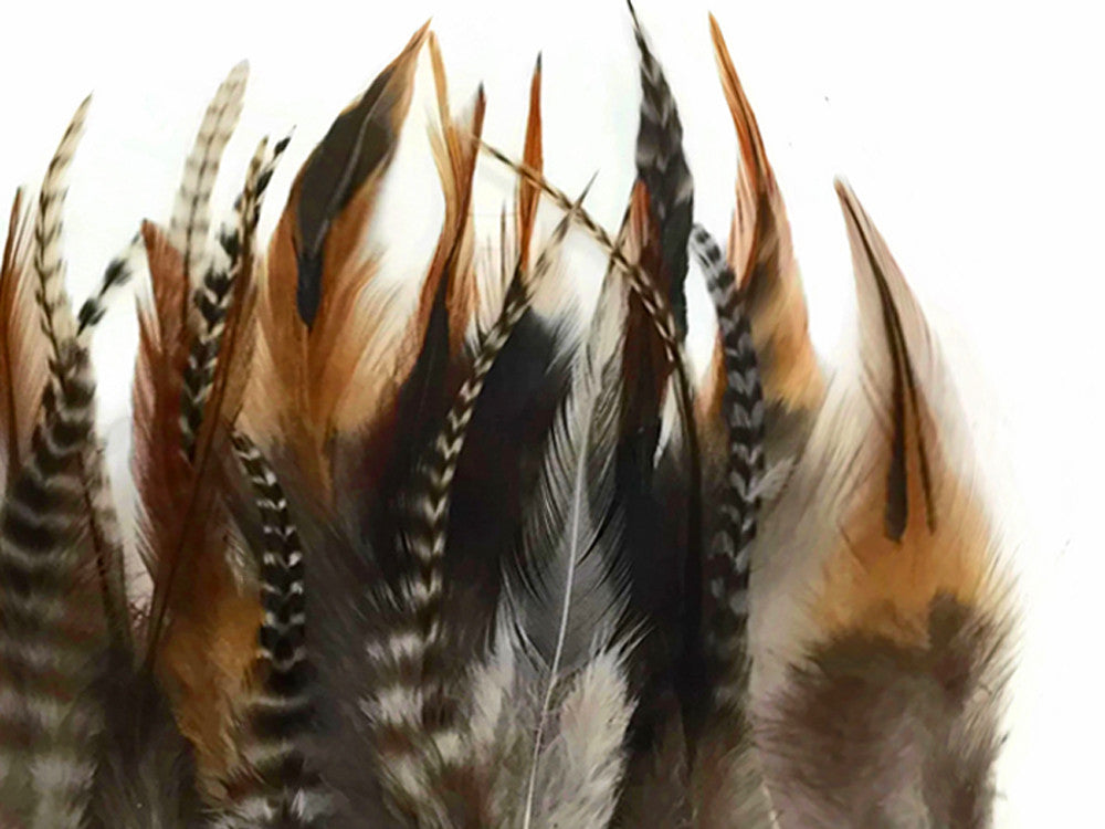 1 Dozen - Short Natural Grizzly Mix Whiting Farm Rooster Saddle Hair Extension Feathers 