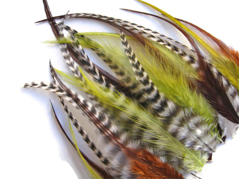 2 Dozen - Short Olive Mix Grizzly Whiting Farm Rooster Saddle Hair Extension Feathers