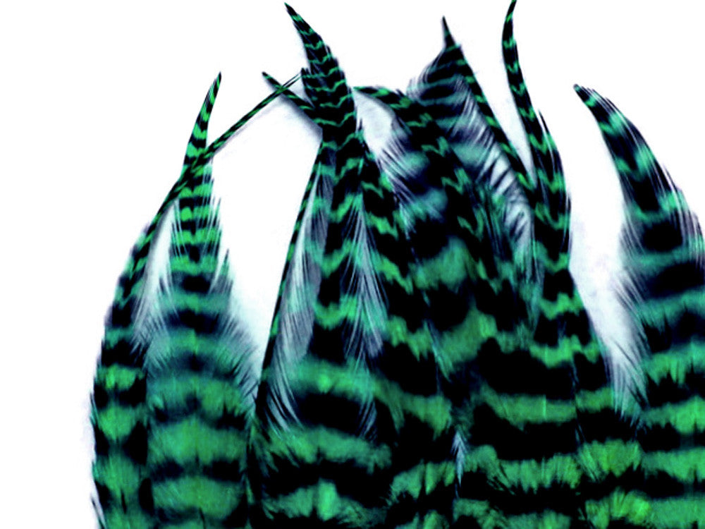 1 Dozen - Short Peacock Green Grizzly Whiting Farm Rooster Saddle Hair Extension Feathers