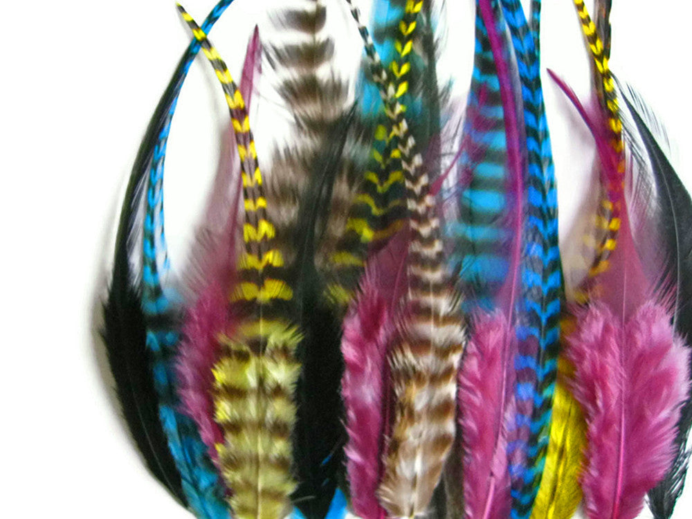 2 Dozen - Short Pixie Mix Grizzly Whiting Farm Rooster Saddle Hair Extension Feathers