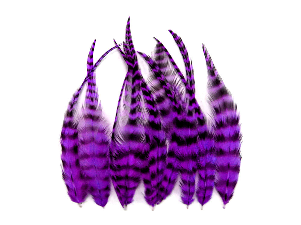 1 Dozen - Short Purple Grizzly Whiting Farm Rooster Saddle Hair Extension Feathers