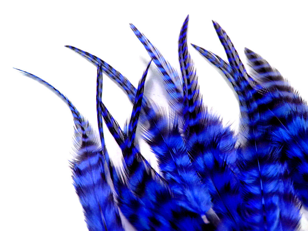 1 Dozen - Short Royal Blue Grizzly Whiting Farm Rooster Saddle Hair Extension Feathers