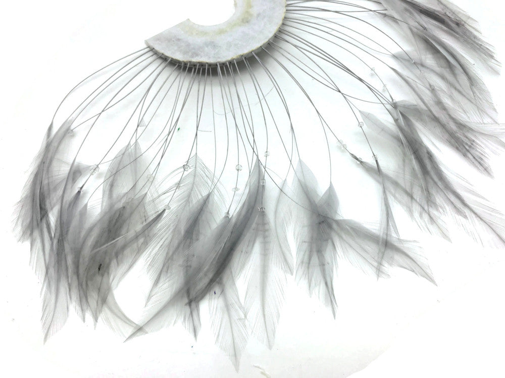 1 Piece - Silver Gray Half Beaded Pinwheel Stripped Rooster Hackle Feather Pads