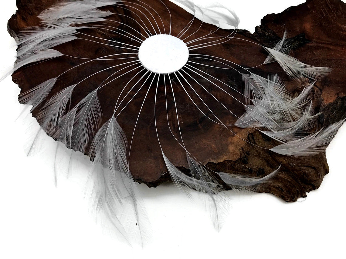 1 Piece - Light Gray Whole Beaded Pinwheel Stripped Rooster Hackle Feather Plates