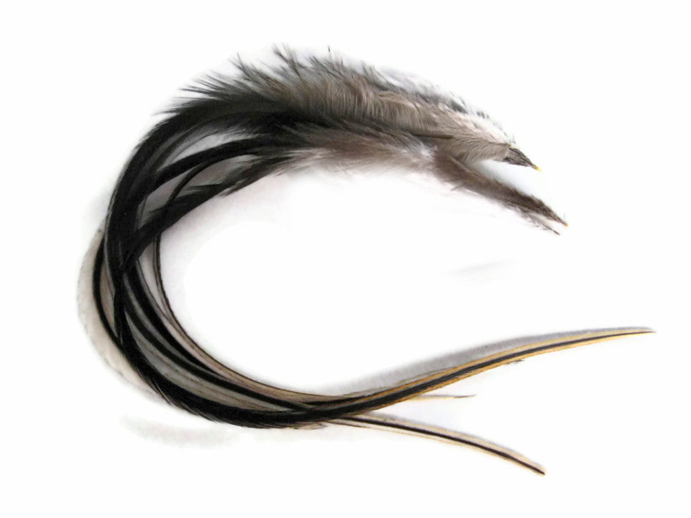 6 Pieces - Silver Badger Thick Long Rooster Hair Extension Feathers