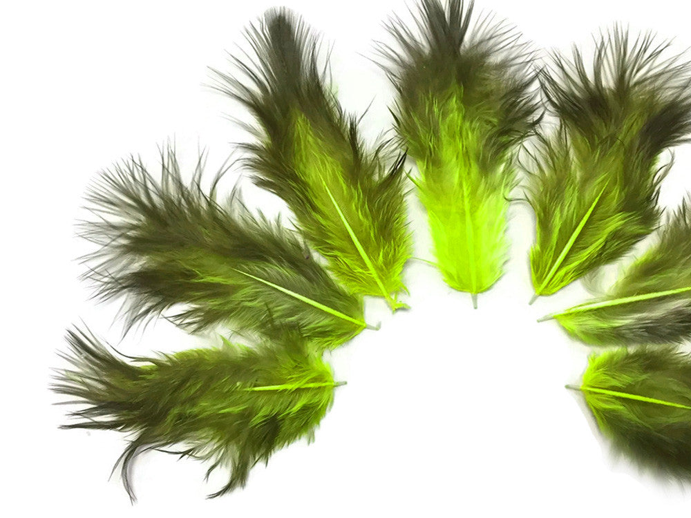 1 Dozen - Solid Chartreuse & Black Mini Rooster Chickabou Fluff Whiting Hair Feathers