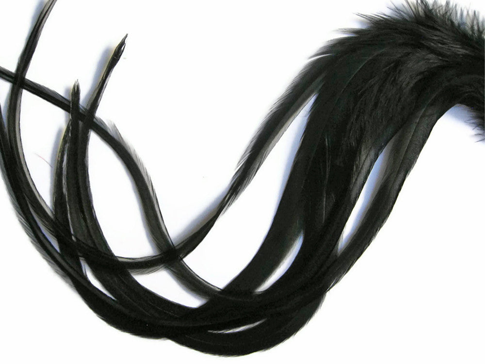 6 Pieces - Solid Black Thick Long Rooster Hair Extension Feathers