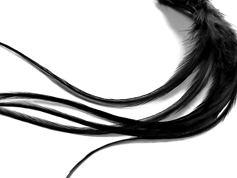 6 Pieces - XL Solid Black Thick Extra Long Whiting Farm Rooster Saddle Hair Extension Feathers