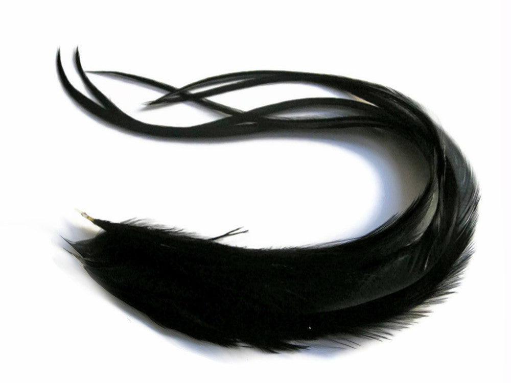 6 Pieces - XL Solid Black Thick Extra Long Whiting Farm Rooster Saddle Hair Extension Feathers