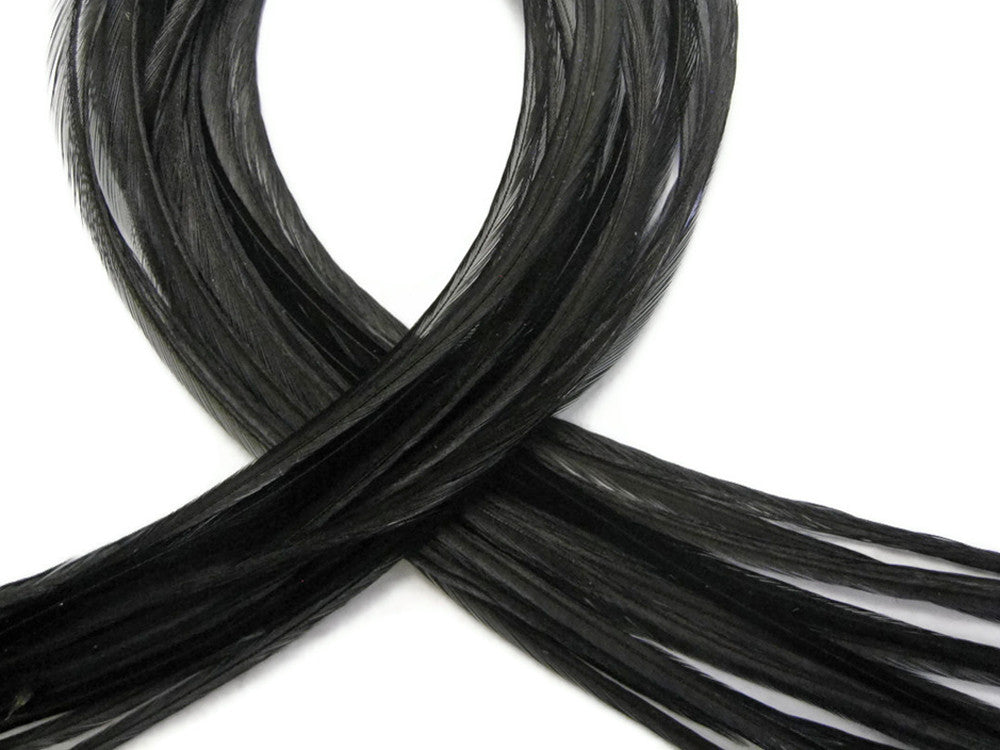 10 Pieces - Solid Black Thin Long Rooster Hair Extension Feathers