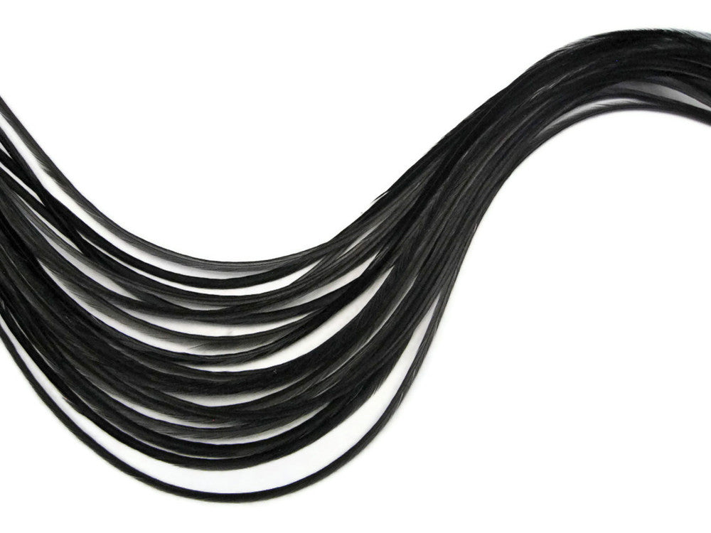 10 Pieces - Solid Black Thin Long Rooster Hair Extension Feathers