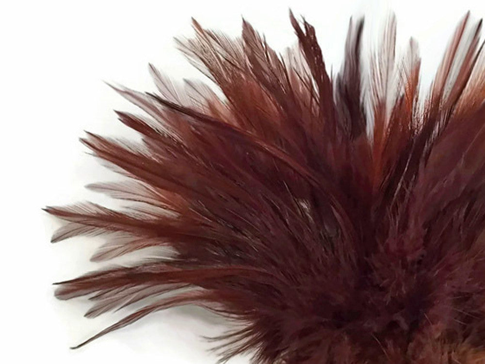 4 Inch Strip – 4-6” Dyed Brown Strung Chinese Rooster Saddle Feathers 