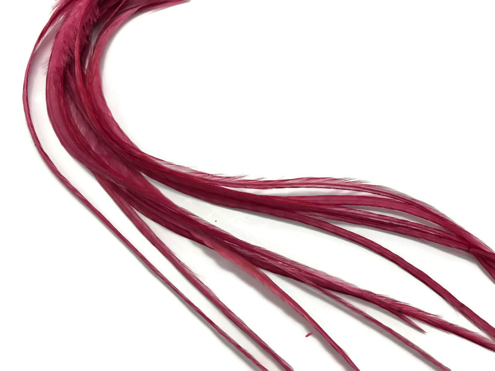 6 Pieces - Solid Claret Thick Long Rooster Hair Extension Feathers