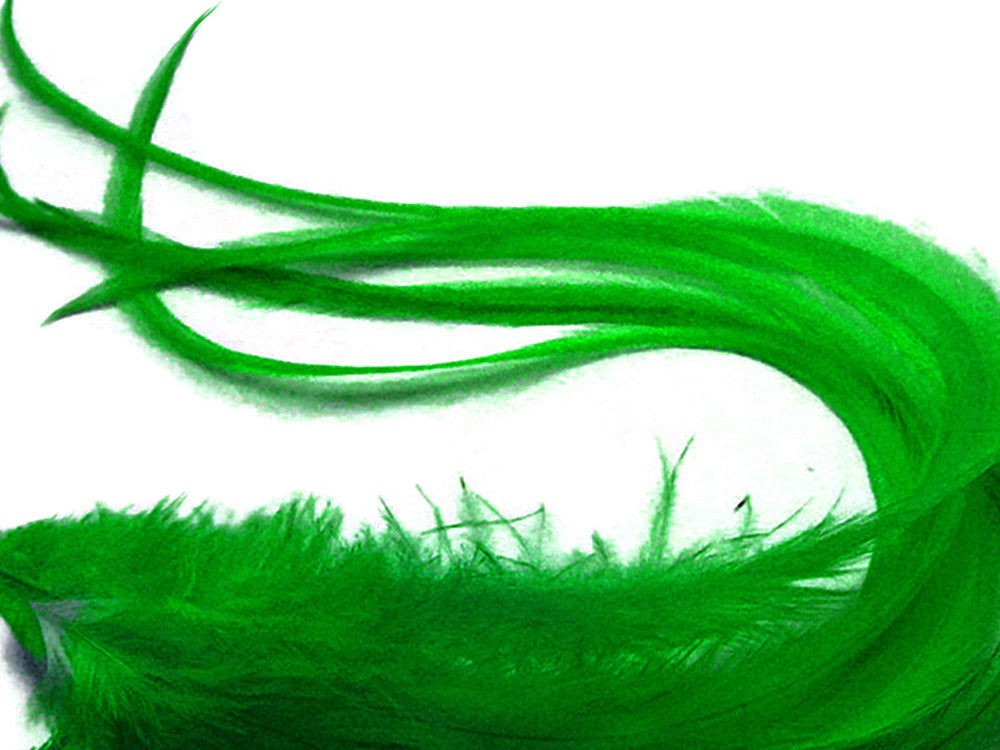 6 Pieces - Solid Kelly Green Thick Long Rooster Hair Extension Feathers