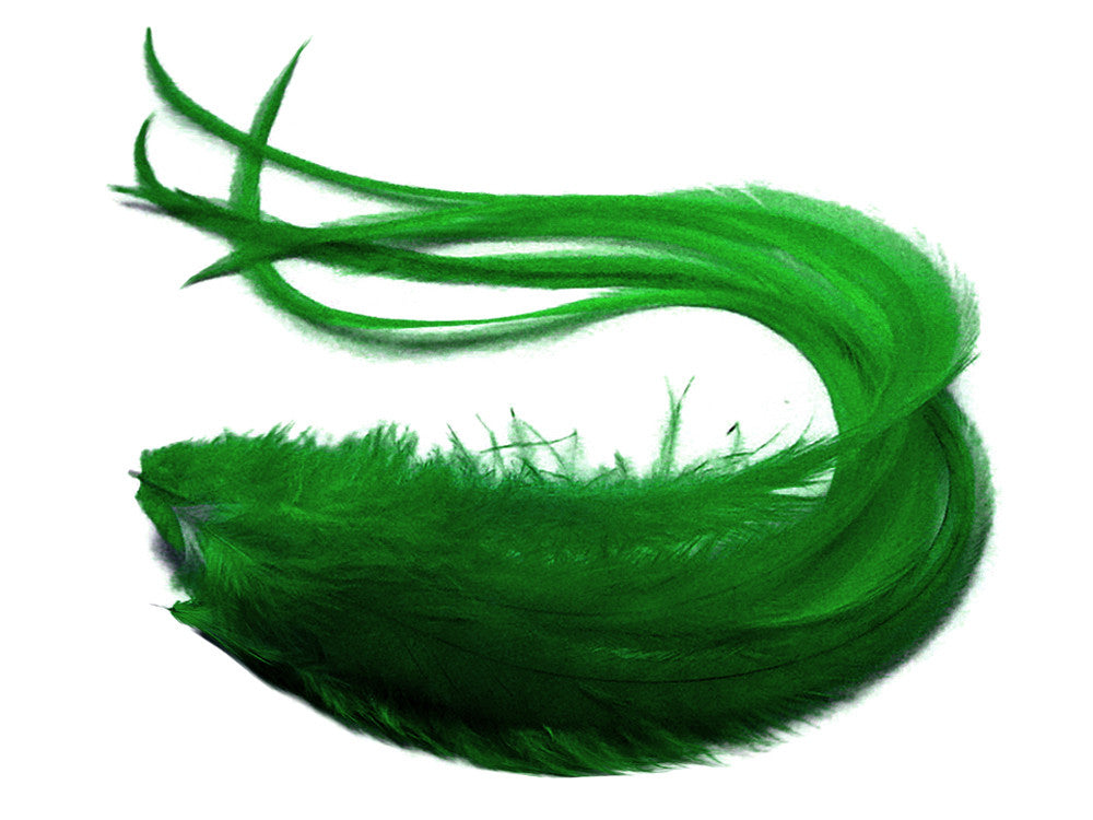 6 Pieces - XL Solid Kelly Green  Thick Long Grizzly Whiting Farm Rooster Saddle Hair Extension Feathers