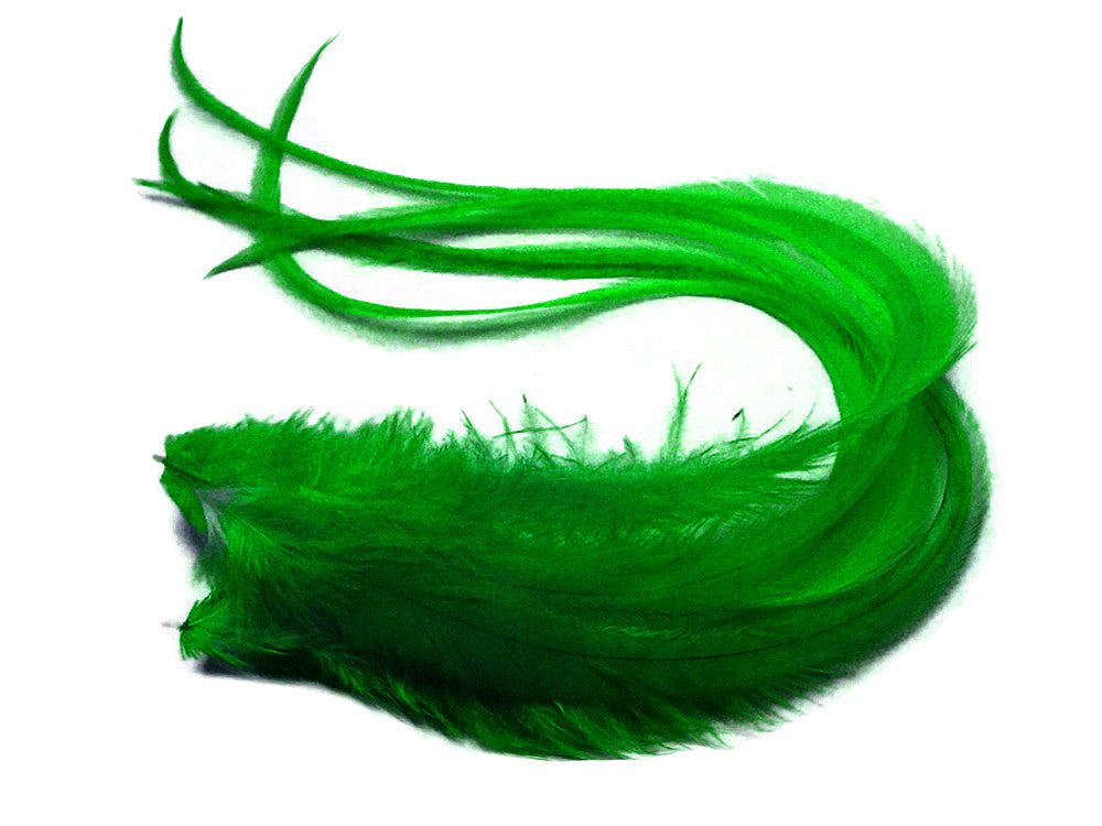 6 Pieces - Solid Kelly Green Thick Long Rooster Hair Extension Feathers