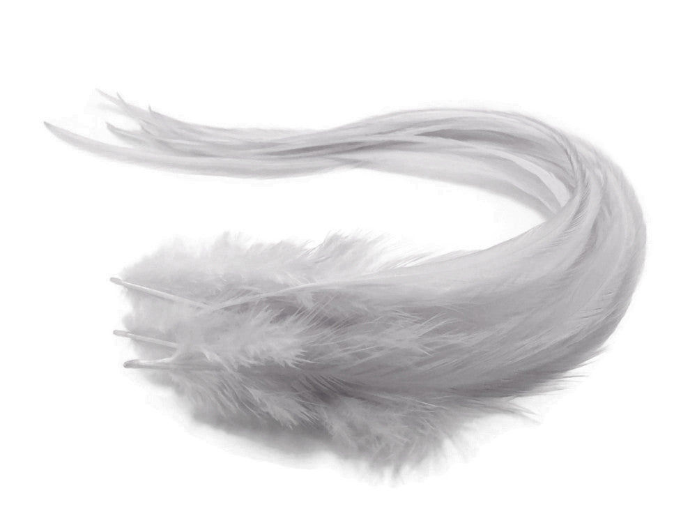 6 Pieces - XL Solid Silver Gray Thick Long Whiting Farm Rooster Saddle Hair Extension Feathers