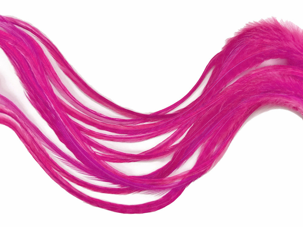 6 Pieces - Solid Hot Pink Thick Long Rooster Hair Extension Feathers