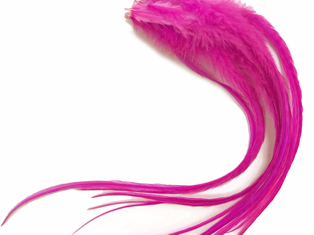 6 Pieces - Solid Hot Pink Thick Long Rooster Hair Extension Feathers