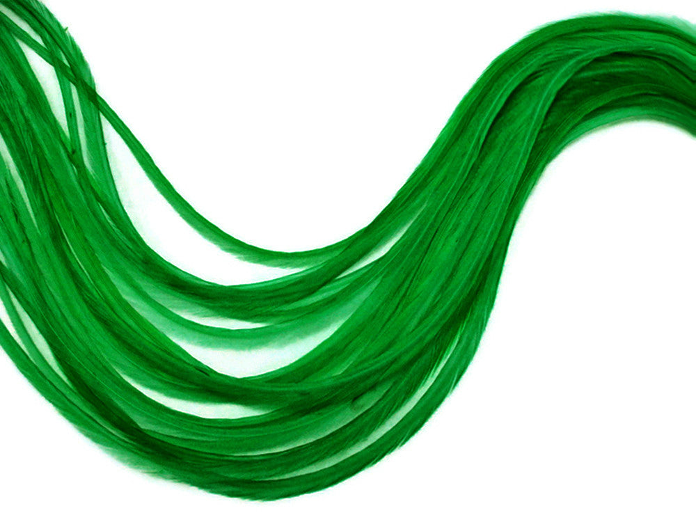 6 Pieces - XL Solid Kelly Green Thin Rooster Hair Extension Feathers