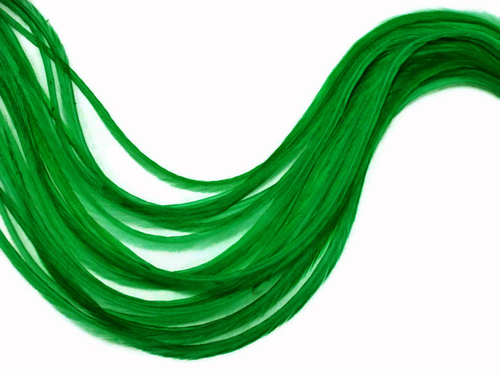 10 Pieces - Solid Kelly Green Thin Long Rooster Hair Extension Feathers