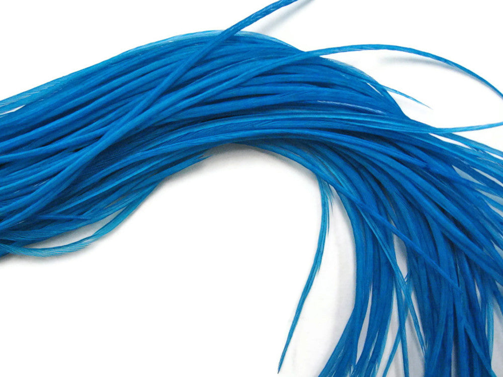 10 Pieces - Solid Turquoise Blue Thin Long Whiting Farm Rooster Hair Extension Feathers