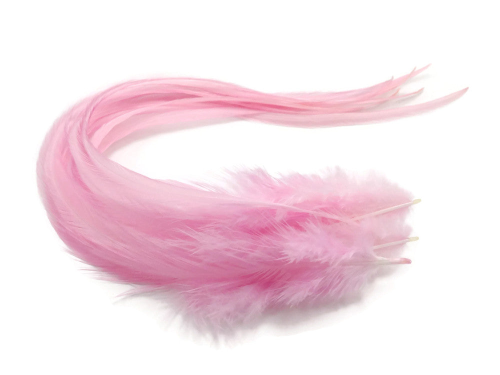 6 Pieces - Solid Light Pink Thick Long Rooster Hair Extension Feathers