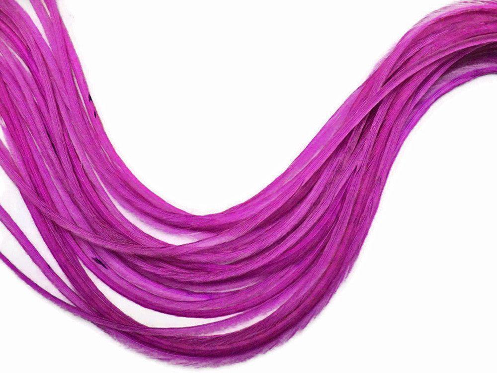 10 Pieces - Solid Magenta Thin Long Rooster Hair Extension Feathers