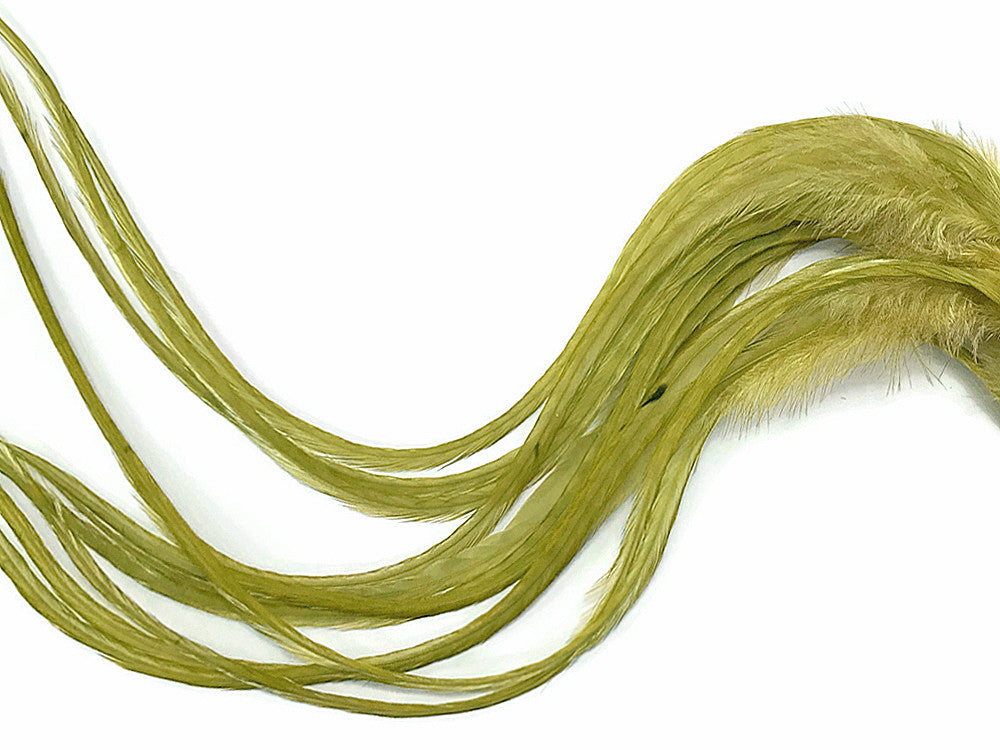 6 Pieces - Solid Olive Thick Long Rooster Hair Extension Feathers