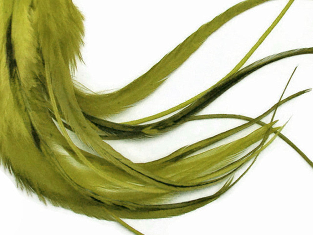 1 Dozen - Medium Solid Olive Green Rooster Saddle Whiting Hair Extension Feathers