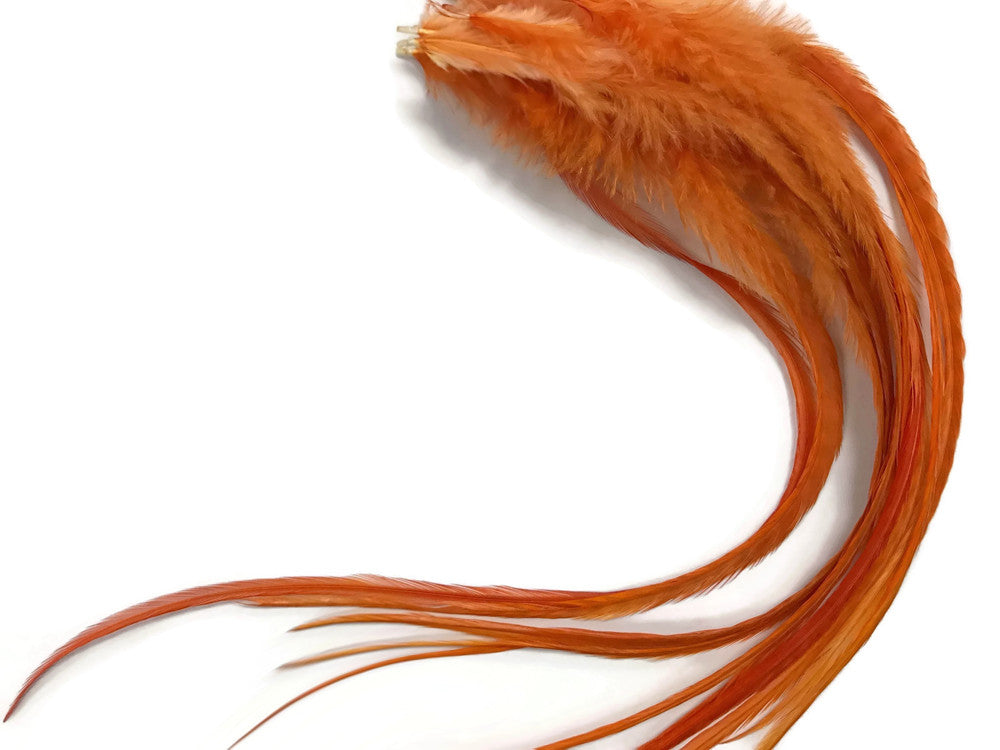 6 Pieces - Solid Orange Thick Long Rooster Hair Extension Feathers