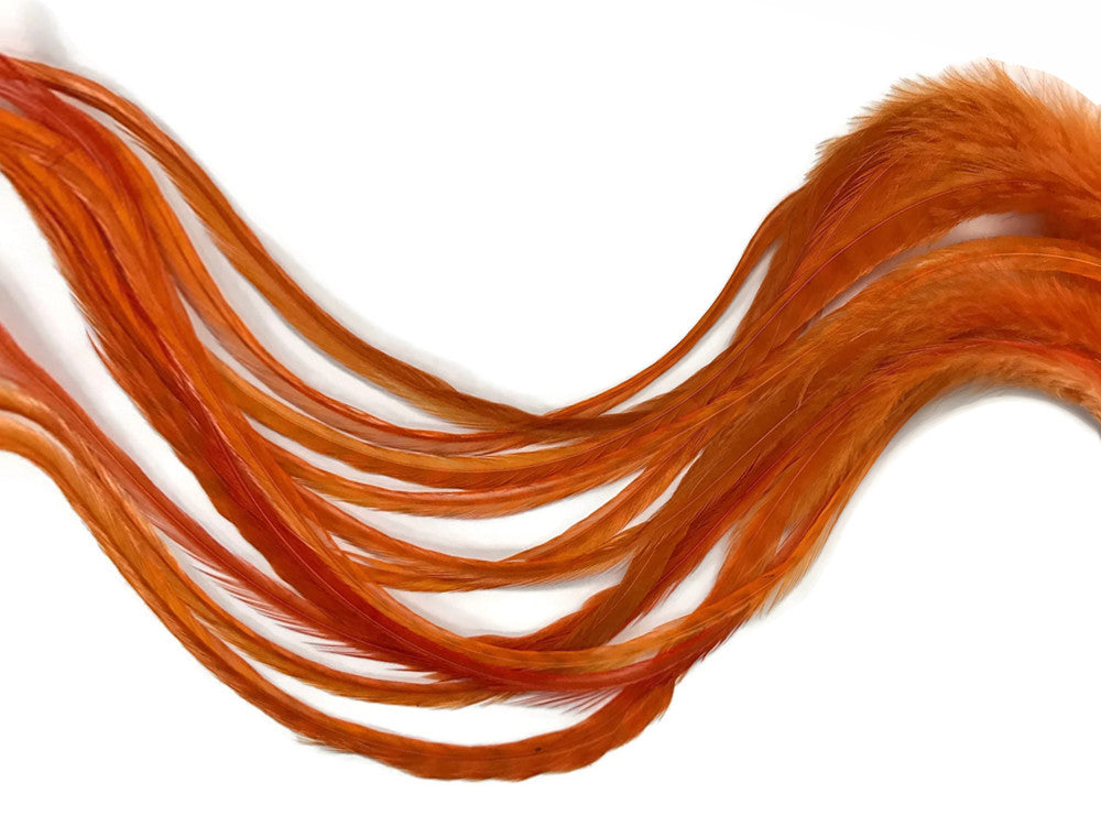 6 Pieces - Solid Orange Thick Long Rooster Hair Extension Feathers