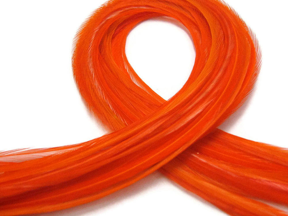 6 Pieces - XL Solid Orange Thin Extra Long Rooster Hair Extension Feathers