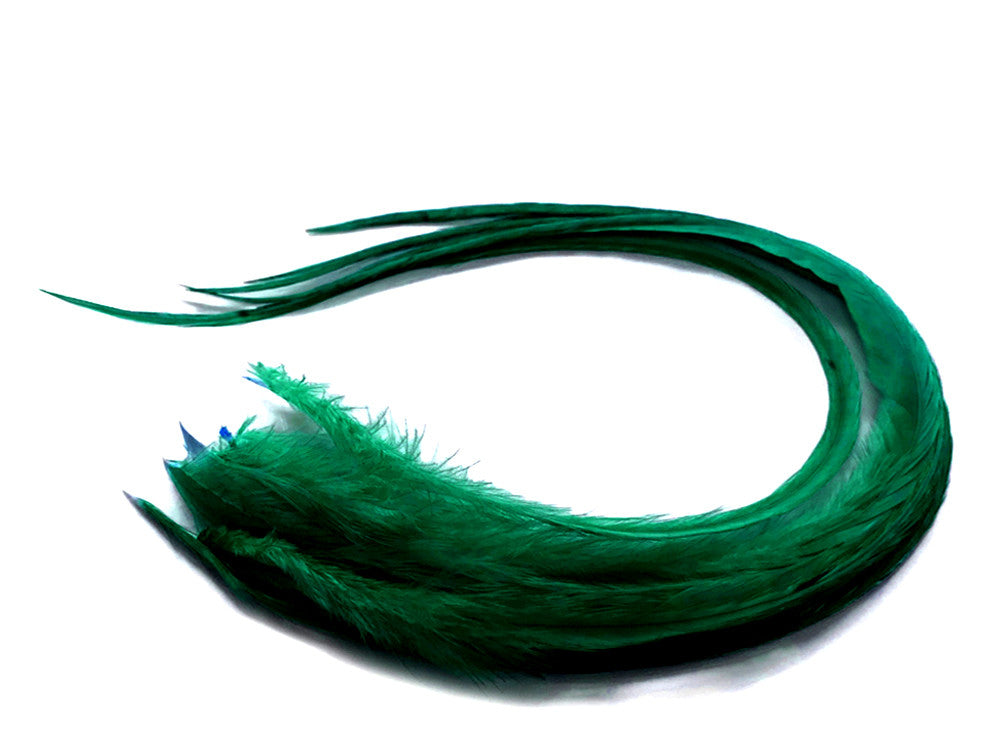 6 Pieces - XL Solid Peacock Green Thick Long Whiting Farm Rooster Saddle Hair Extension Feathers