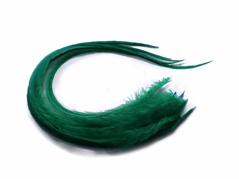 6 Pieces - Solid Peacock Green Thick Long Rooster Hair Extension Feathers