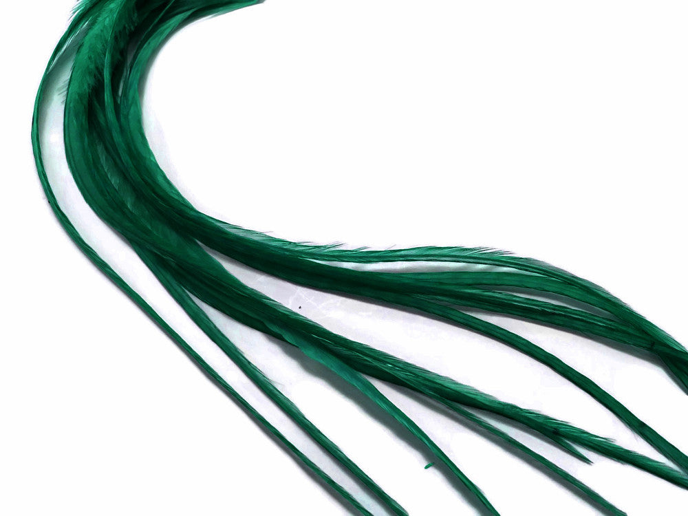 6 Pieces - Solid Peacock Green Thick Long Rooster Hair Extension Feathers