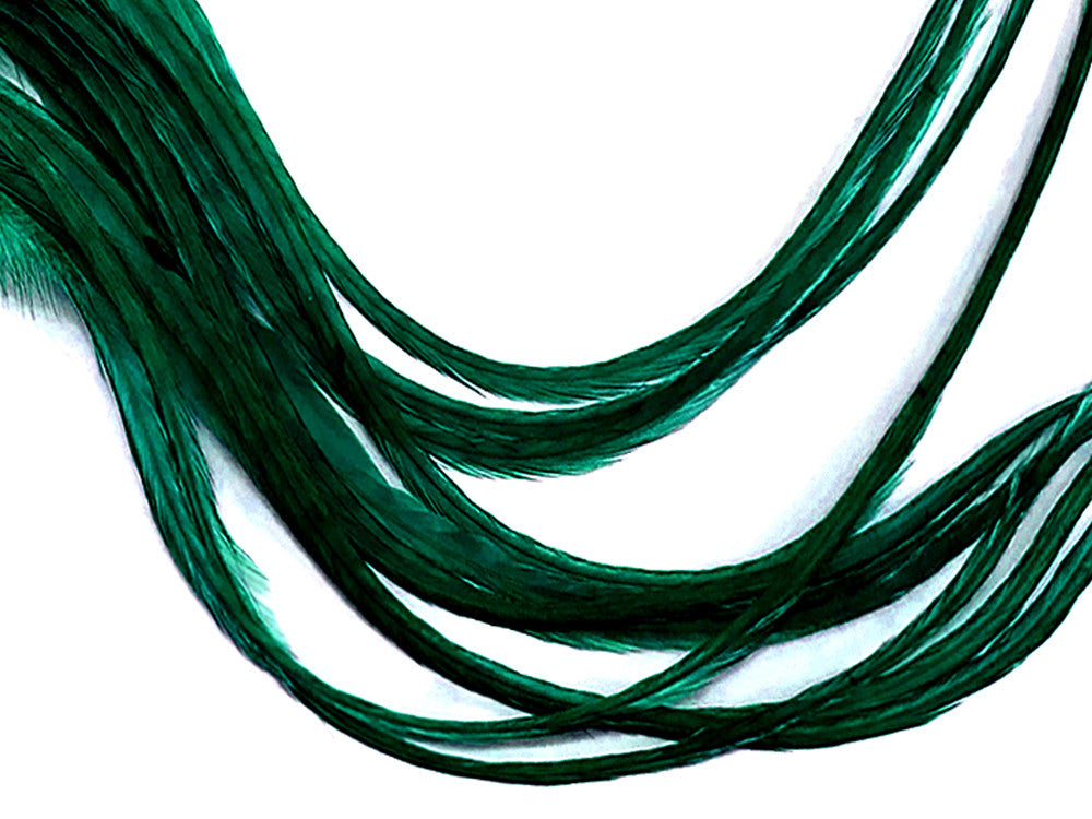 6 Pieces - XL Solid Peacock Green Thick Long Whiting Farm Rooster Saddle Hair Extension Feathers