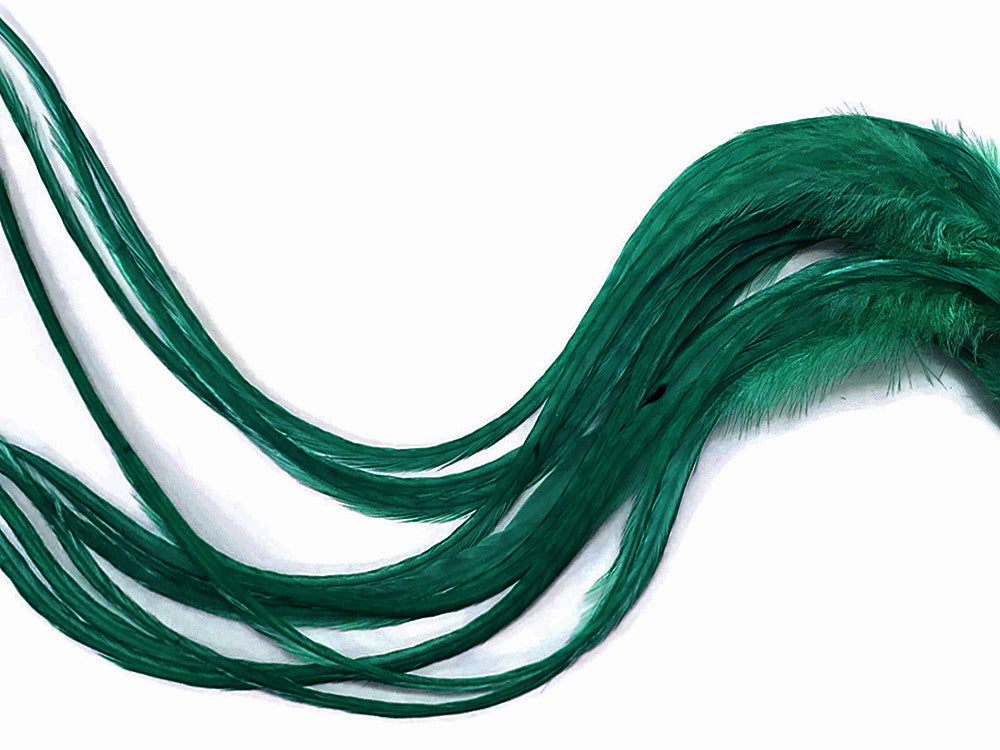 6 Pieces - Solid Peacock Green Thick Long Rooster Hair Extension Feathers