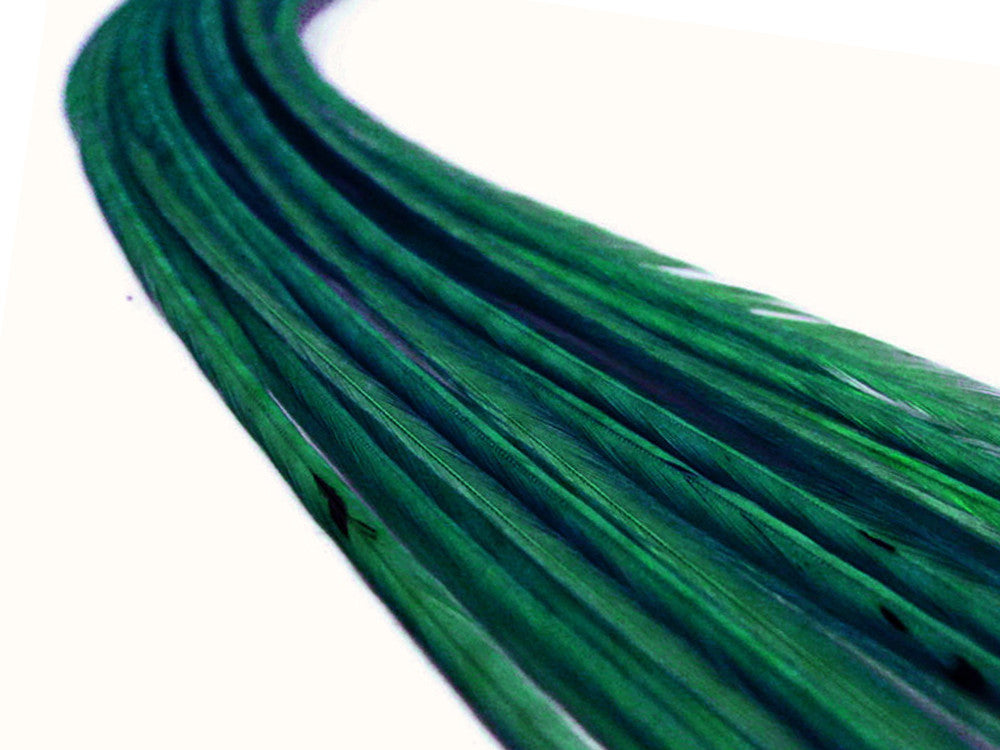 10 Pieces - Solid Peacock Green Thin Long Rooster Hair Extension Feathers