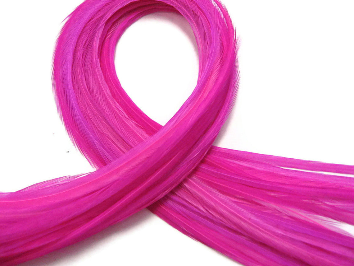 10 Pieces - Solid Hot Pink Thin Long Rooster Hackle Hair Extension Feathers