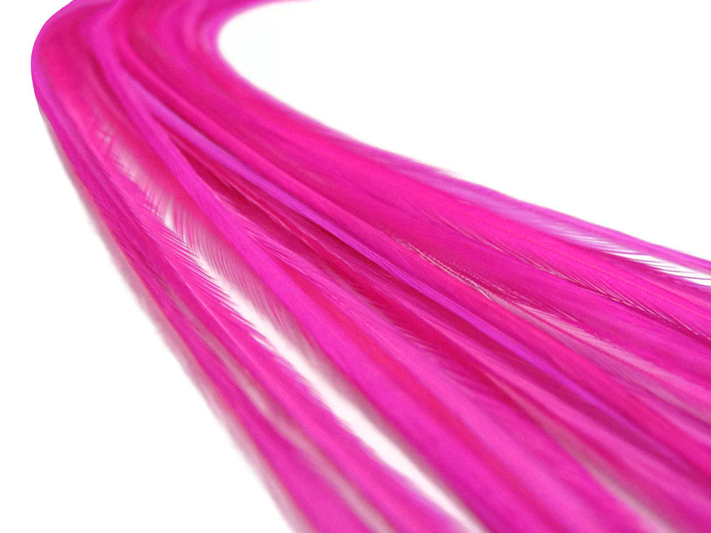 6 Pieces - XL Solid Hot Pink Thin Whiting Farm Rooster Hair Extension Feathers