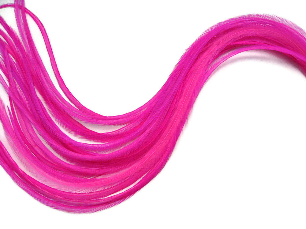 6 Pieces - XL Solid Hot Pink Thin Whiting Farm Rooster Hair Extension Feathers