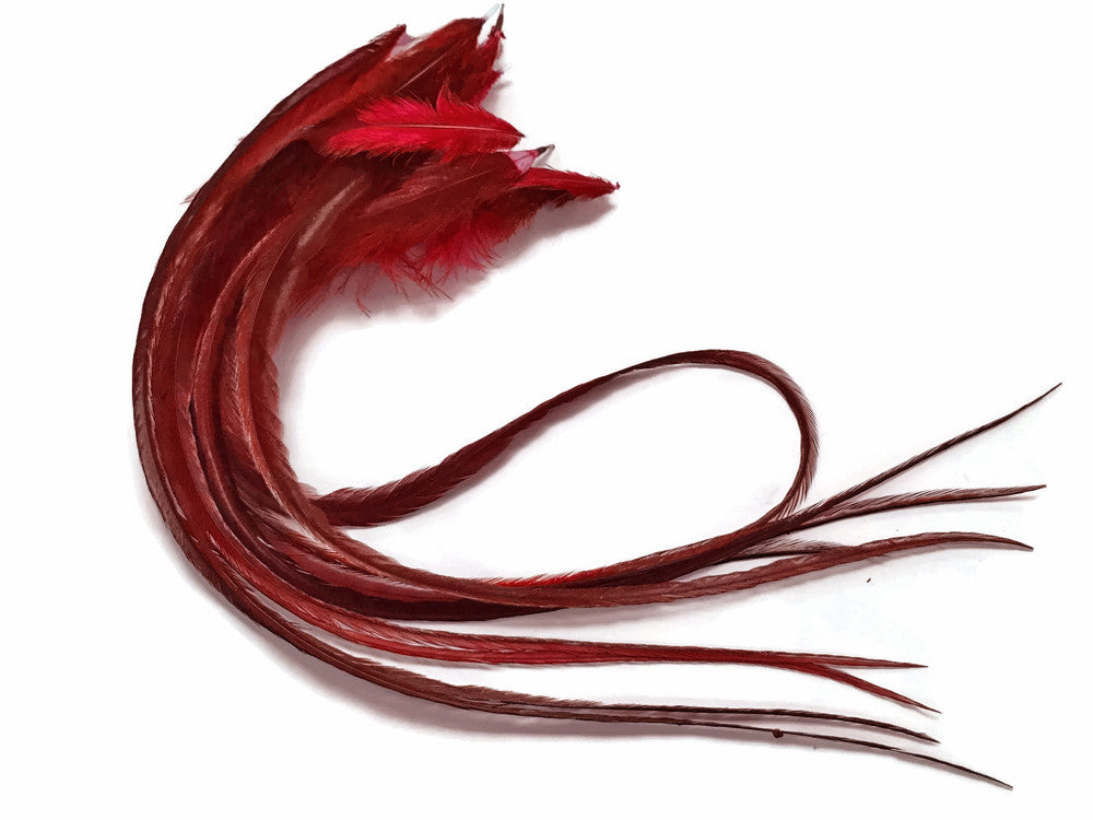 6 Pieces -  Solid Red Thick Long Rooster Hair Extension Feathers