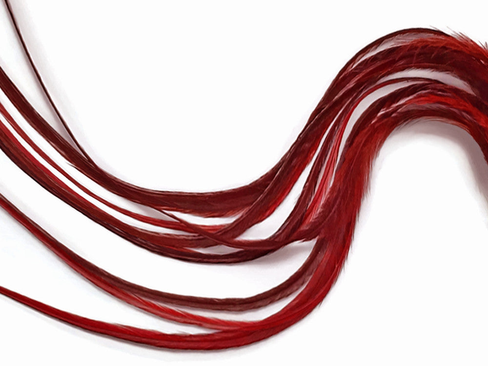 6 Pieces -  Solid Red Thick Long Rooster Hair Extension Feathers