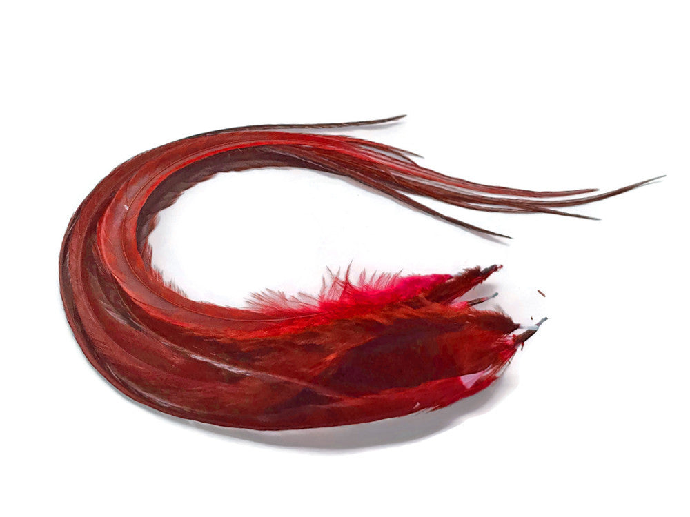 6 Pieces - XL Solid Red Thick Extra Long Rooster Hair Extension Feathers