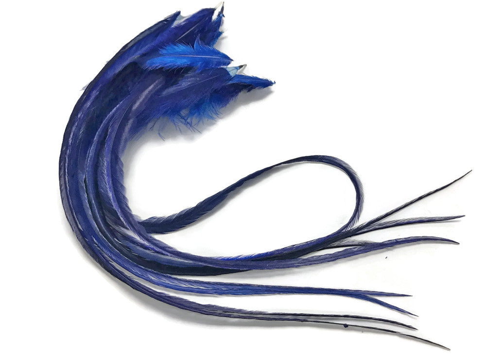 6 Pieces - Solid Royal Blue Thick  Long Rooster Hair Extension Feathers